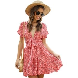 Women's Floral Tie Front Ruffle Mini Dress V Neck Short Sleeve A Line Flare Dres